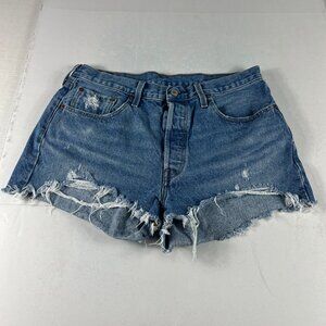 Levi's Jean Short Women 33 Big E 501 High Rise Blue Cut Off Stretch Denim Tag 32